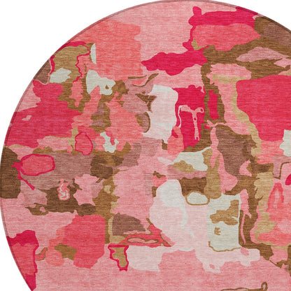 8' Coral Pink And Brown Round Abstract Washable Indoor Outdoor Area Rug