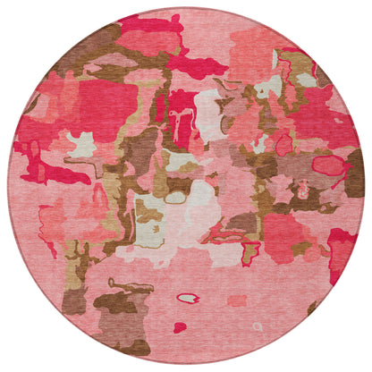 8' Coral Pink And Brown Round Abstract Washable Indoor Outdoor Area Rug