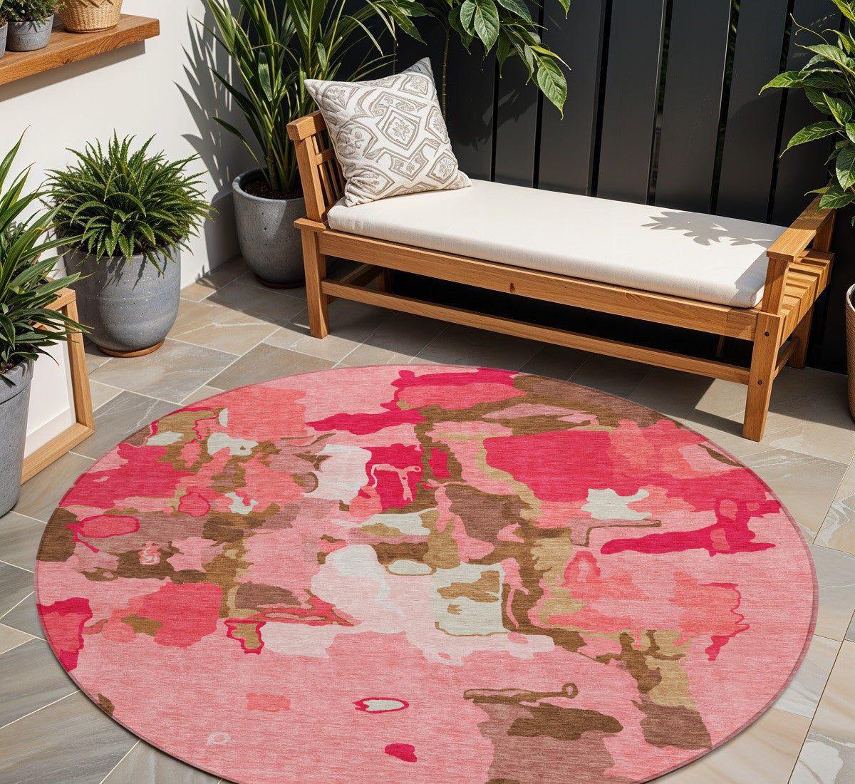 8' Coral Pink And Brown Round Abstract Washable Indoor Outdoor Area Rug