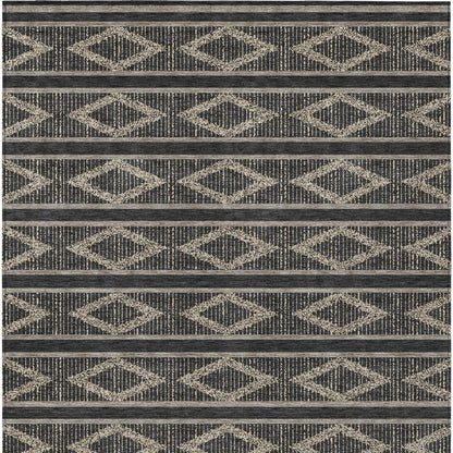 10' X 14' Black And Beige Geometric Washable Indoor Outdoor Area Rug