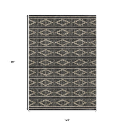 10' X 14' Black And Beige Geometric Washable Indoor Outdoor Area Rug