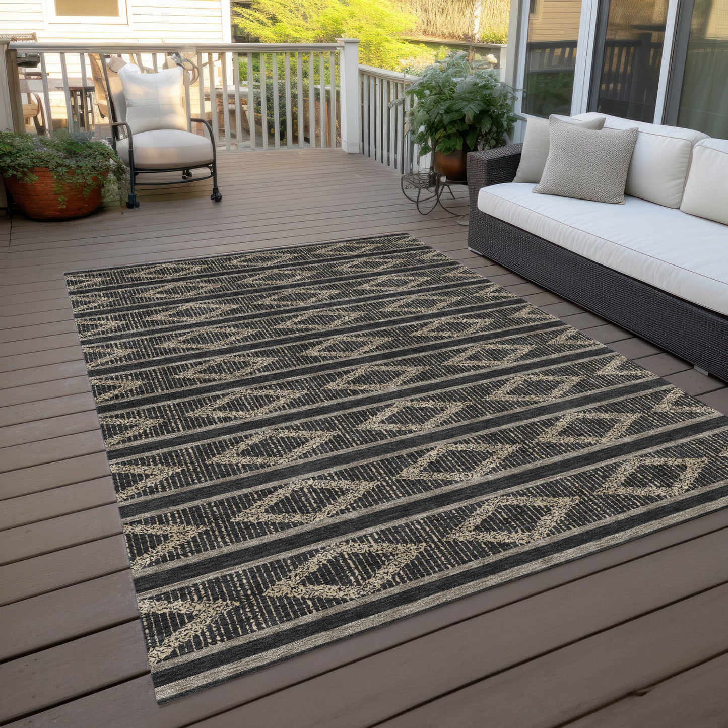 10' X 14' Black And Beige Geometric Washable Indoor Outdoor Area Rug