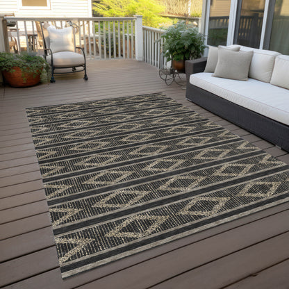 10' X 14' Black And Beige Geometric Washable Indoor Outdoor Area Rug