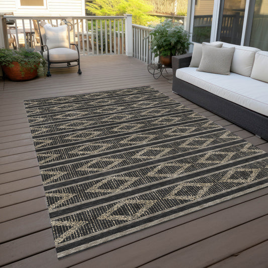 10' X 14' Black And Beige Geometric Washable Indoor Outdoor Area Rug