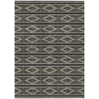 10' X 14' Black And Beige Geometric Washable Indoor Outdoor Area Rug