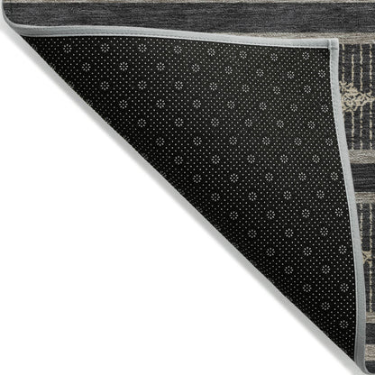 10' X 14' Black And Beige Geometric Washable Indoor Outdoor Area Rug