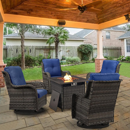 5 Pieces Patio Wicker Furniture Set - 4 Outdoor Swivel Rocker Glider Chairs with Propane Fire Pit Table, Patio Conversation Set Blue Cushion Perfect for Casual Gathering-0