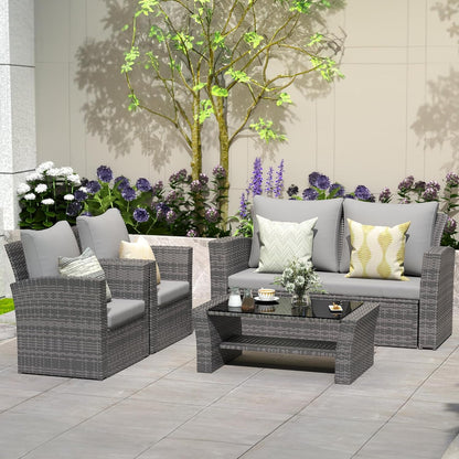 4 Piece Patio Furniture Sets, All-Weather Wicker Conversation Sets, Outdoor Rattan Sectional Sofa Chair with Cushions and Coffee Table for Balcony, Garden, Backyard,Grey/Light Grey-0