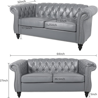 2 Piece Living Room Set, Chesterfield PU Leather Sofa Loveseat Couch Chair with Scroll Arms and Nailhead for Living Room, Office (PU Grey, 1-2)