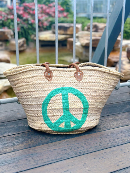 Abella Large Straw Basket with a Green Peace Sign