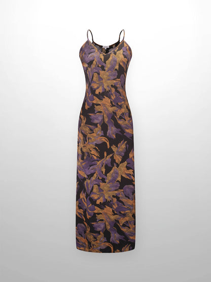A-Line V Neck Slip Dress-Purple Floral