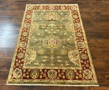 Indo Oushak Rug 4x6, Green and Maroon, Vintage Wool Floral Rug, Indian Agra Rug