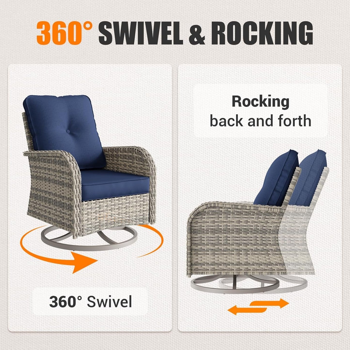 Patio Rocking Swivel Chair Outdoor Wicker Rattan Bistro Set with Tempered Glass Side Table, Outdoor Patio Furniture Set for Garden, Deck, and Balcony, Blue