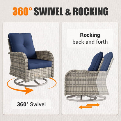 Patio Rocking Swivel Chair Outdoor Wicker Rattan Bistro Set with Tempered Glass Side Table, Outdoor Patio Furniture Set for Garden, Deck, and Balcony, Blue