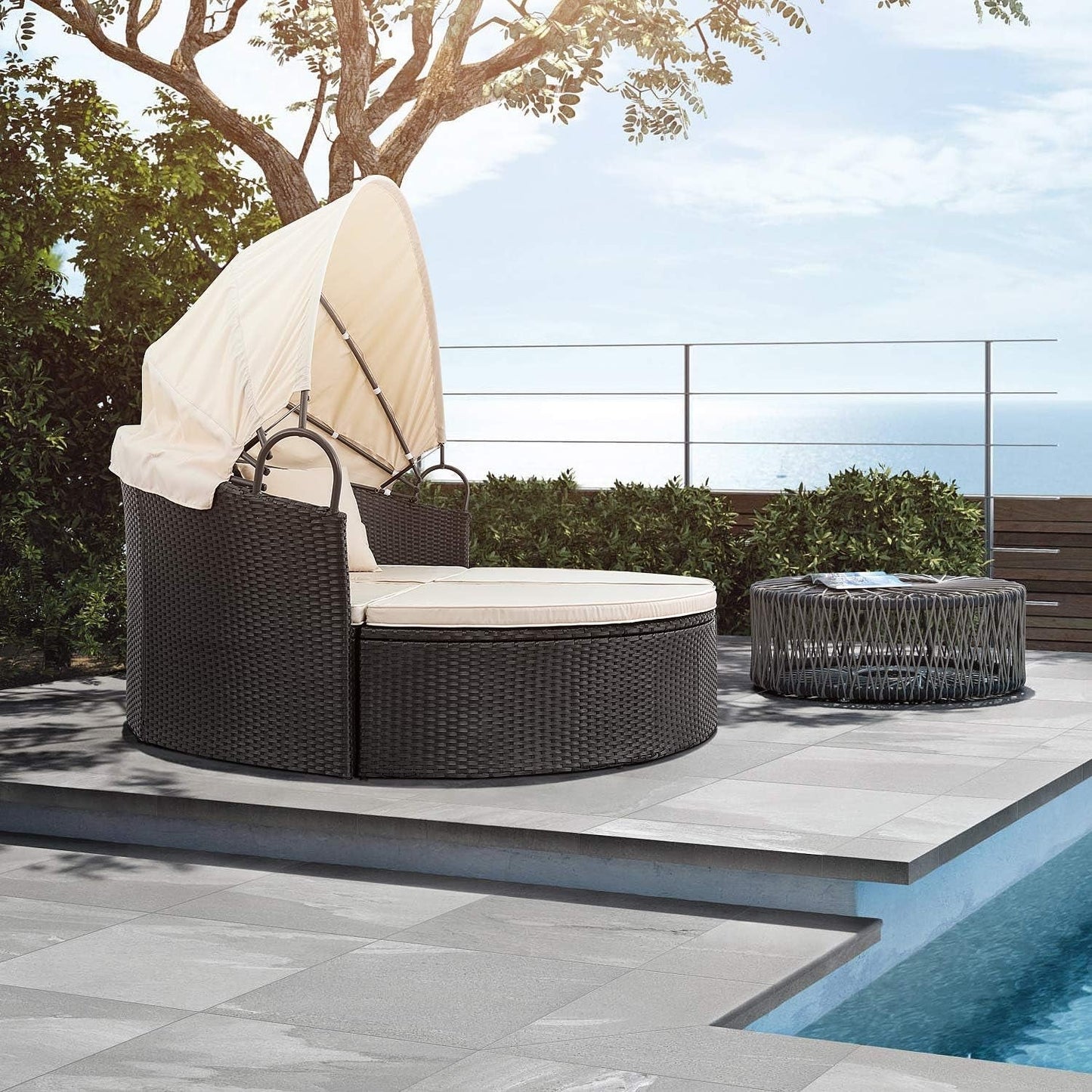 Outdoor Round Daybed Canopy, Wicker, Patio Sectional Sofa