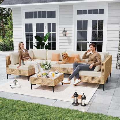 Paito Furniture Set, 110" Large 7-Piece Wicker Outdoor Paito Furniture Sets with Coffee Table,Boho Patio Conversation Set Sectional Sofa with All-Weather Cushions for Backyard,Porch,Beige