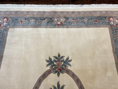 Chinese Carving Rug 8x10, Chinese Wool Carpet 8 x 10, Cream, 120 Line Rug, Vintage Handmade Art Deco Asian Oriental Rug, Aubusson Rug-1
