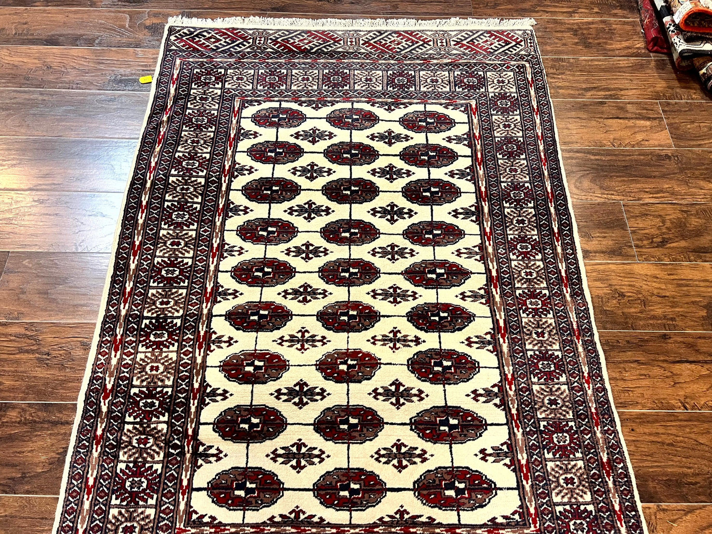 Pakistani Bokhara Rug 4x6, Turkoman Carpet, Vintage Handmade Wool Rug, Ivory-1
