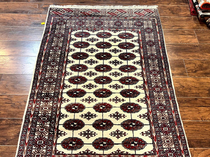 Pakistani Bokhara Rug 4x6, Turkoman Carpet, Vintage Handmade Wool Rug, Ivory-1