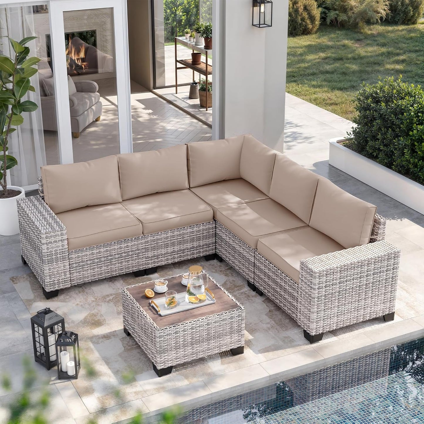 6-Piece Outdoor Patio Furniture Set Wicker Sectional Sofa Set, Patio Conversation Set with Thickened Cushions & Coffee Table for Garden, Backyard, Poolside, Beige