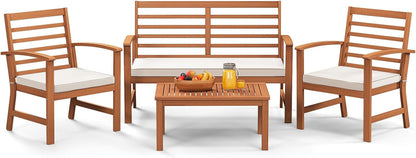 4 Pieces Outdoor Furniture Set, Acacia Wood Conversation Set W/Soft Seat Cushions, Stable Acacia Wood Frame, Patio Sofa & Coffee Table Set for Backyard, Porch, Poolside (White)-0