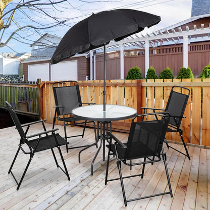 6 Piece Patio Dining Set with Umbrella, Outdoor Furniture Set with 4 Folding Chairs and Tempered Glass Top Dining Table Fot Lawn Backyard Garden Porch Black-2