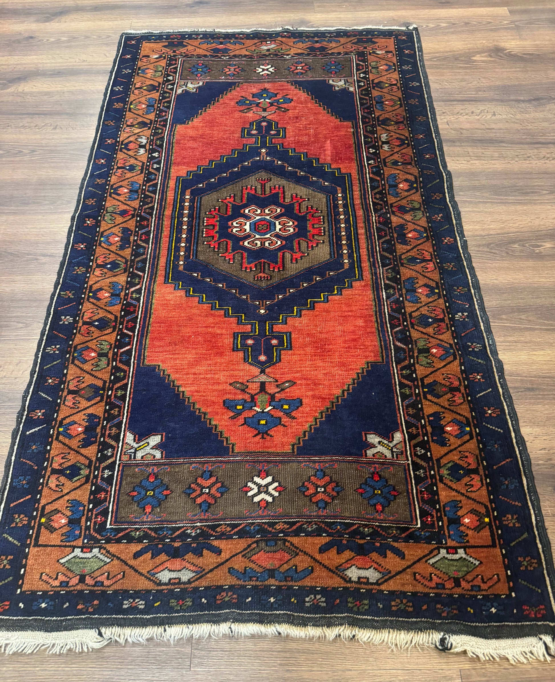 Persian Rug 3x6, Geometric Medallion, Village Tribal Rug, Terracotta and Navy Blue, Antique Nahavand Hamadan Rug-0