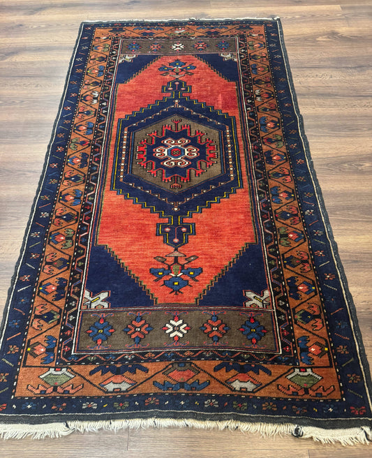 Persian Rug 3x6, Geometric Medallion, Village Tribal Rug, Terracotta and Navy Blue, Antique Nahavand Hamadan Rug-0