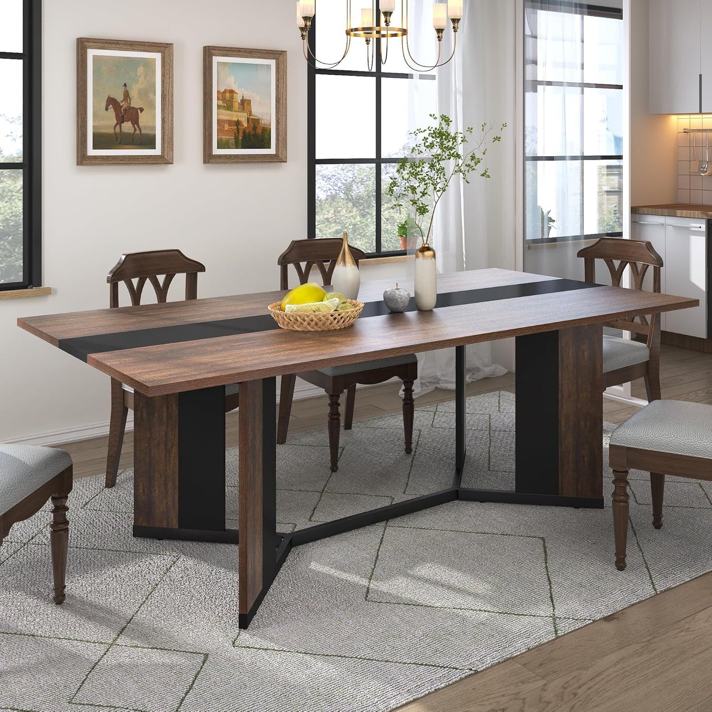 71In Large Rectangular Dining Table for 4 5 6 7 People W/35 Marble-Color Wood Watrproof Brown Tabletop,Adjustable Leg.6Ft Luxurious Family Dinner Table for Office Kitchen Living Room-1