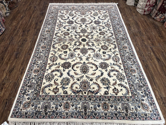 Indian Rug 5.7 x 9, Vintage Oriental Carpet, Handmade Hand Knotted Wool Rug, Living Room Rug, Bedroom Rug, Ivory and Gray, Allover Floral-0