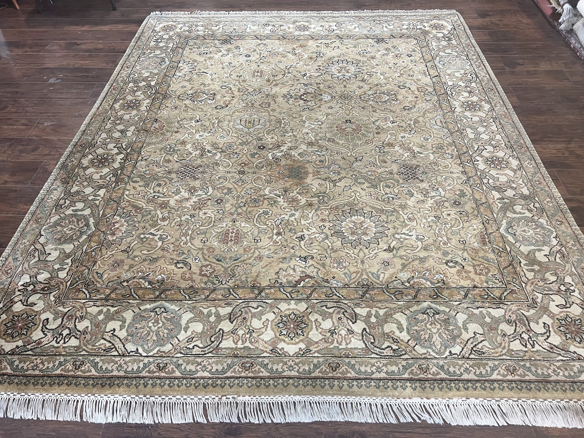 Indo Mahal Rug 8x10, Indian Jaipur Rug 8 x 10 ft, Wool Indo Persian Carpet, Handmade Traditional Floral Area Rug, Olive Green, Vintage Rug-0