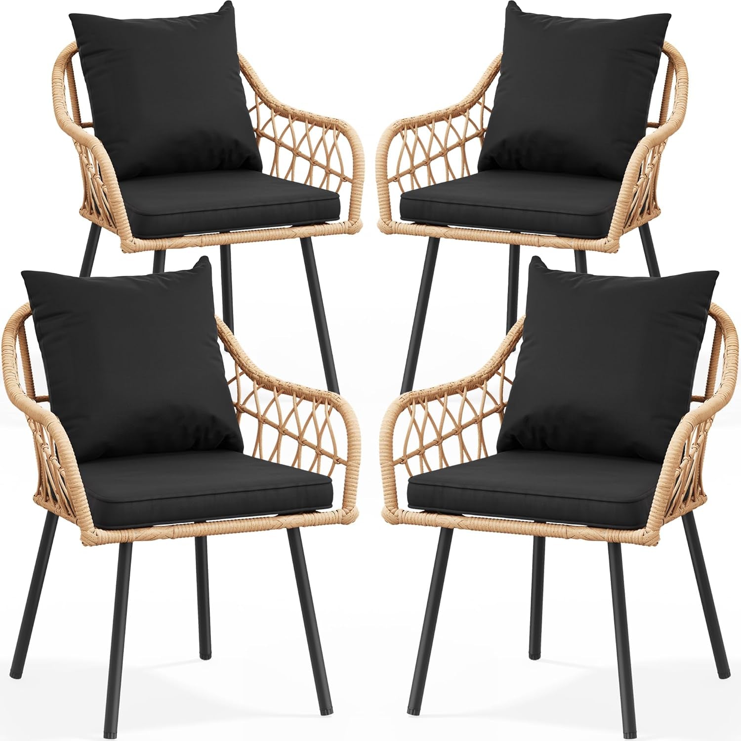 Patio Chairs Set of 4, Outdoor Patio Furniture Dining Chairs, All-Weather Rattan Conversation Chairs with Soft Cushions for Backyard Deck (Light Brown+Black)-0