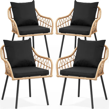Patio Chairs Set of 4, Outdoor Patio Furniture Dining Chairs, All-Weather Rattan Conversation Chairs with Soft Cushions for Backyard Deck (Light Brown+Black)-0
