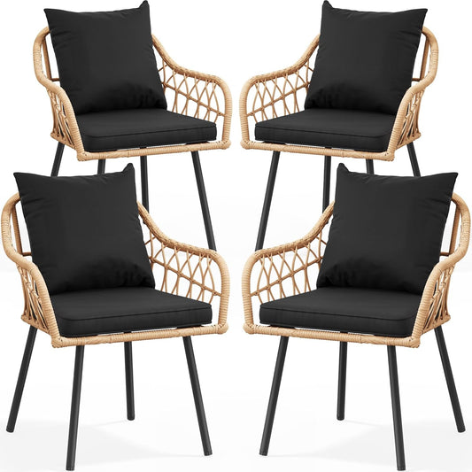 Patio Chairs Set of 4, Outdoor Patio Furniture Dining Chairs, All-Weather Rattan Conversation Chairs with Soft Cushions for Backyard Deck (Light Brown+Black)-0