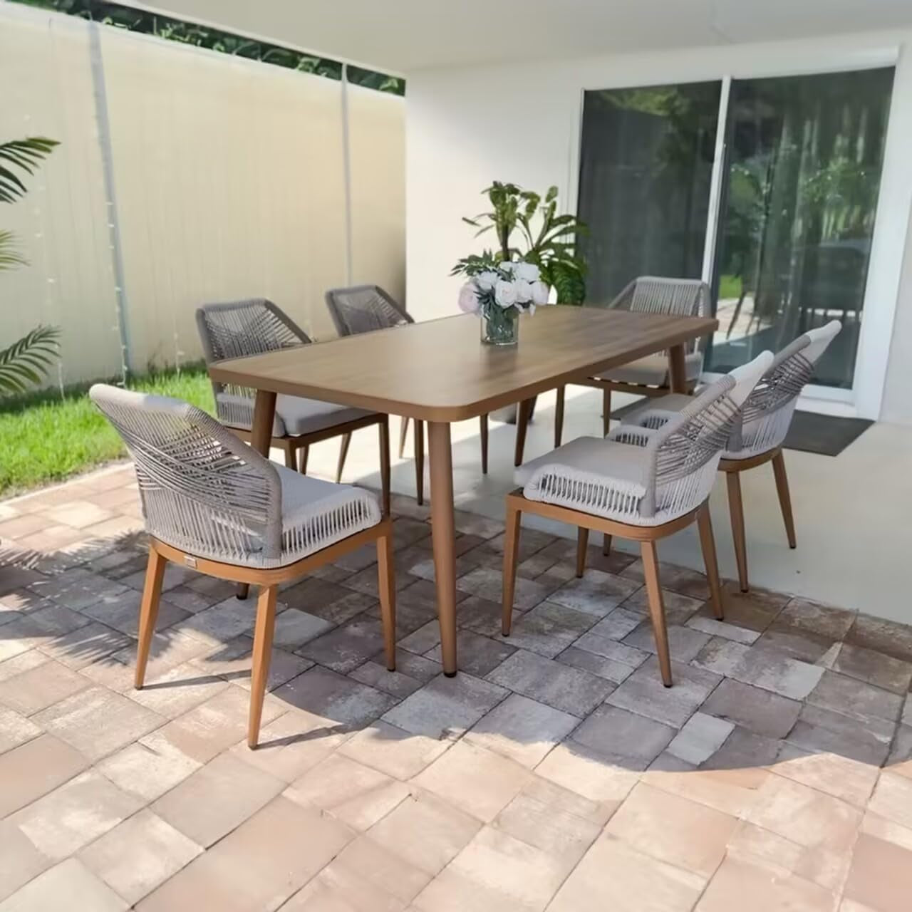 7 Pieces Dining Set Patio Metal Rectangular Table and Wicker Rattan Chairs for outside Porch Garden Kitchen Modern Outdoor Furniture Sets-0