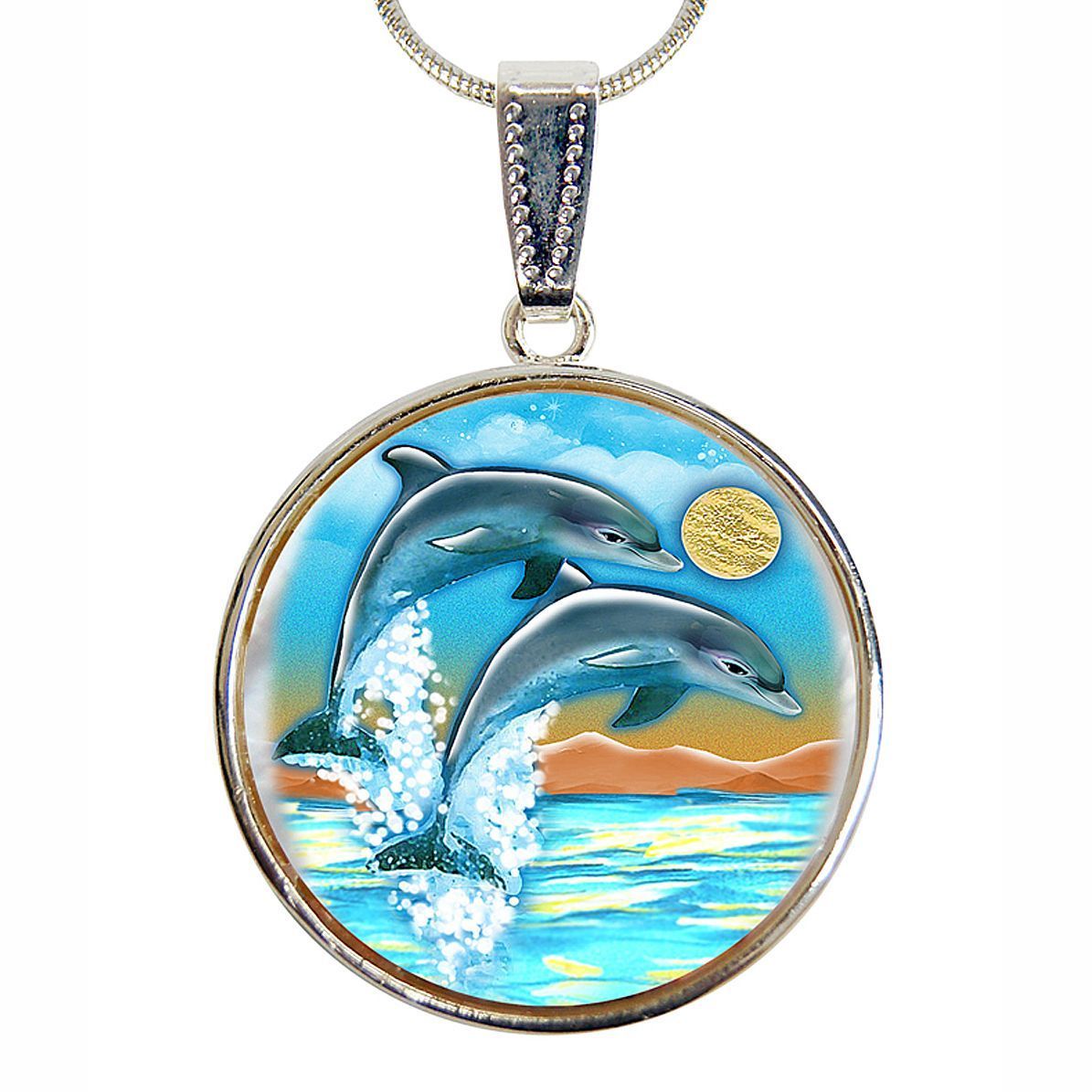 Flying Dolphins Silver Plated Jewelry Mother of Pearl Pendant Necklace - 44011-2