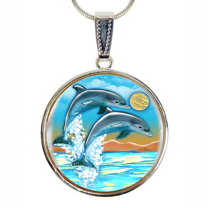 Flying Dolphins Silver Plated Jewelry Mother of Pearl Pendant Necklace - 44011-2