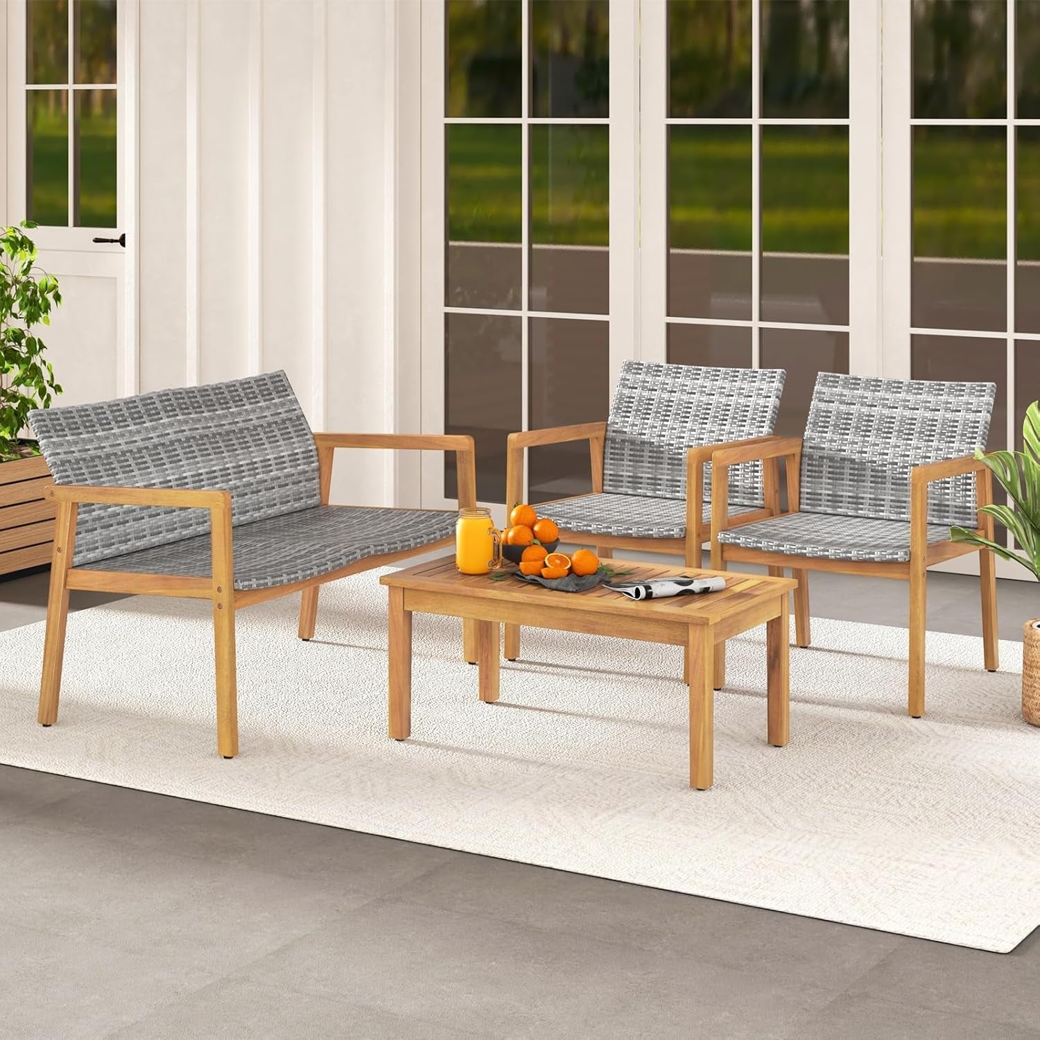 4 Pieces Outdoor Furniture Set, Acacia Wood Frame Sofa Set W/Rattan Seat & Back, Patio Conversation Set W/Coffee Table for Balcony, Poolside, Backyard (Mix Gray)-1