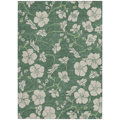 10' X 14' Sage And Ivory Floral Washable Indoor Outdoor Area Rug