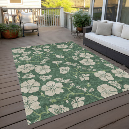 10' X 14' Sage And Ivory Floral Washable Indoor Outdoor Area Rug
