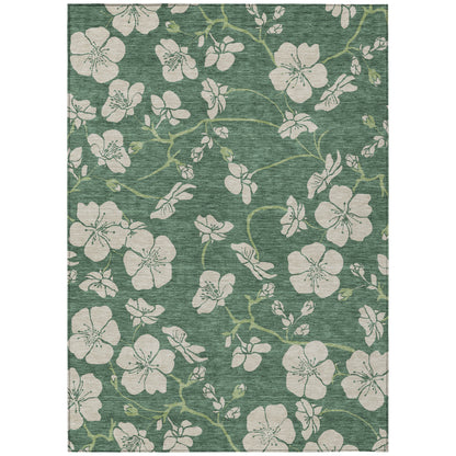 10' X 14' Sage And Ivory Floral Washable Indoor Outdoor Area Rug