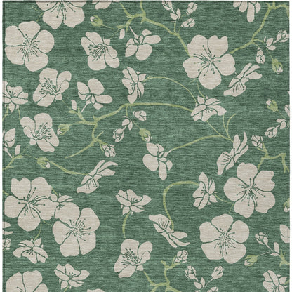 10' X 14' Sage And Ivory Floral Washable Indoor Outdoor Area Rug