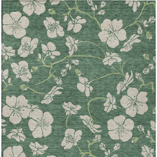 10' X 14' Sage And Ivory Floral Washable Indoor Outdoor Area Rug