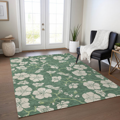 10' X 14' Sage And Ivory Floral Washable Indoor Outdoor Area Rug