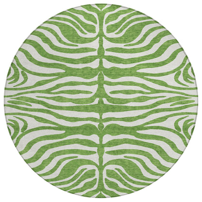 8' Green And Ivory Round Animal Print Washable Indoor Outdoor Area Rug