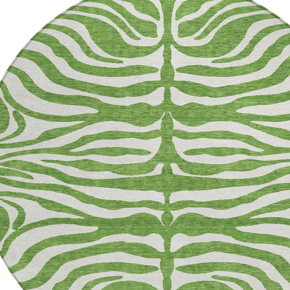 8' Green And Ivory Round Animal Print Washable Indoor Outdoor Area Rug