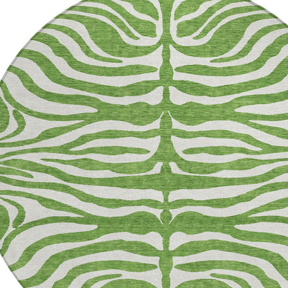 8' Green And Ivory Round Animal Print Washable Indoor Outdoor Area Rug
