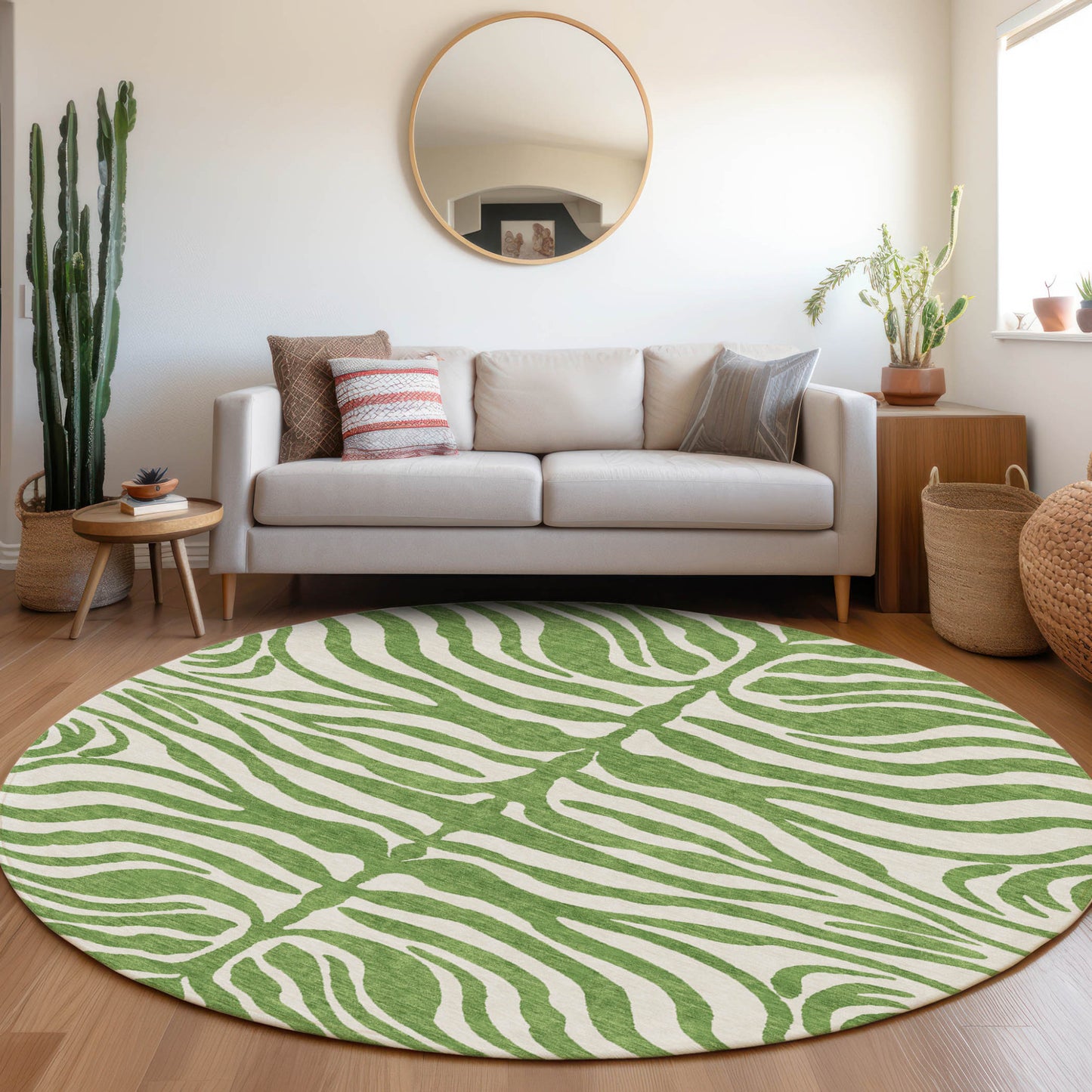8' Green And Ivory Round Animal Print Washable Indoor Outdoor Area Rug
