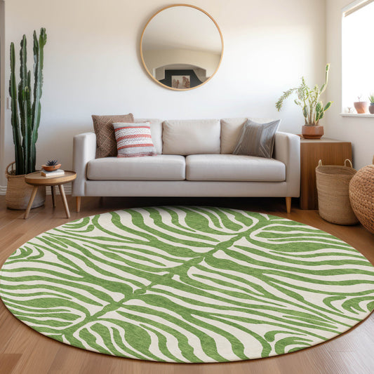 8' Green And Ivory Round Animal Print Washable Indoor Outdoor Area Rug