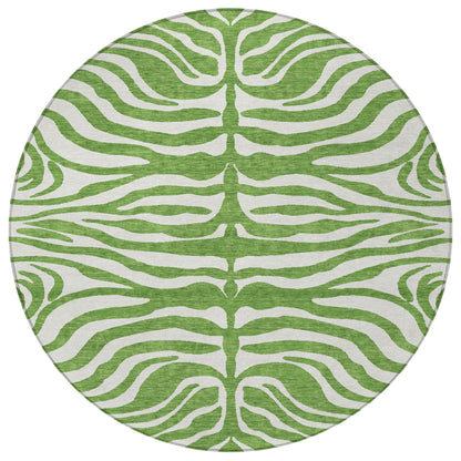8' Green And Ivory Round Animal Print Washable Indoor Outdoor Area Rug